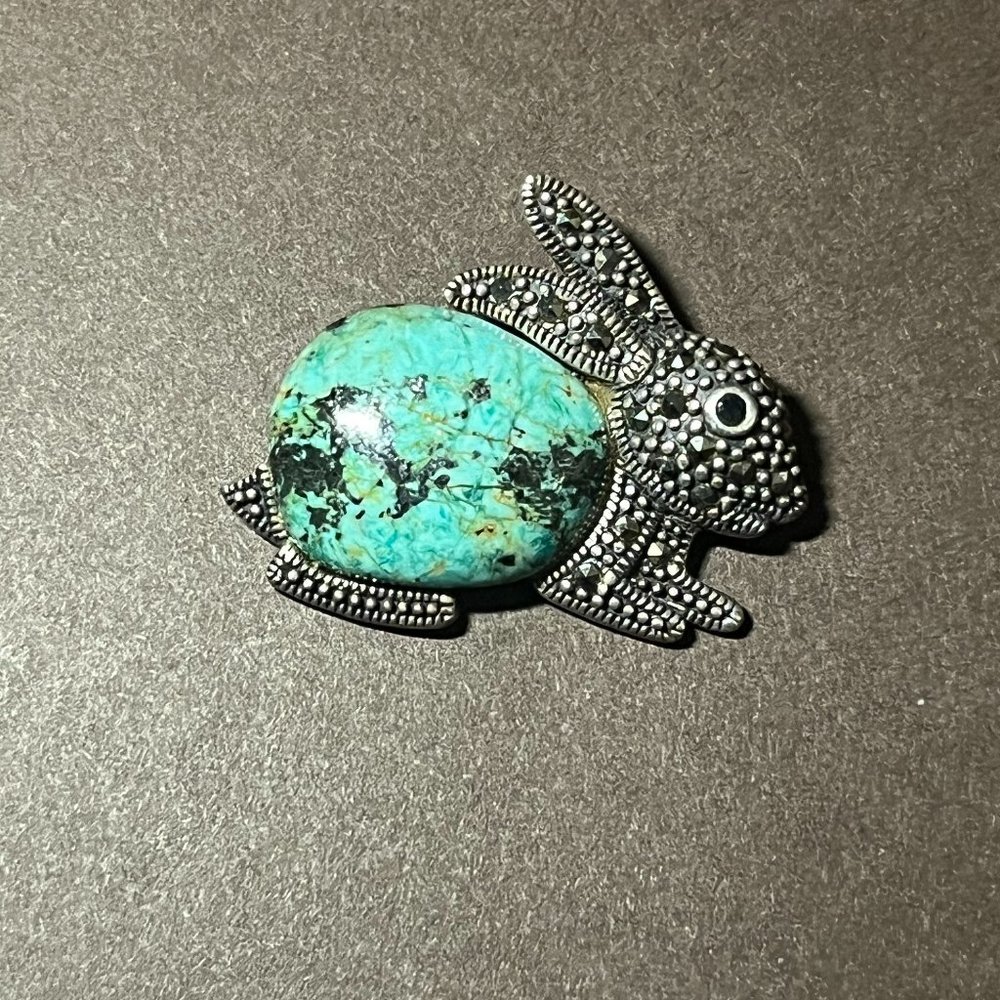 Sterling Silver Marcasite & Turquoise Bunny Pendant  (ONLY, No Chain)